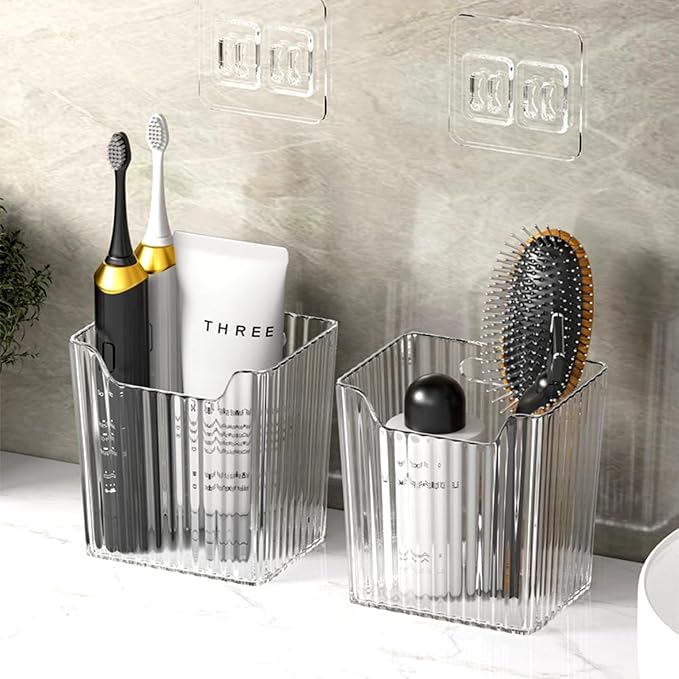 4 Pack Acrylic Wall Mount Organizer, Adhesive Cabinet Door Storage Bins, Clear Makeup Containers, Stackable Organizer Basket for Kitchen, Bathroom, Cabinet, Pantry, Office