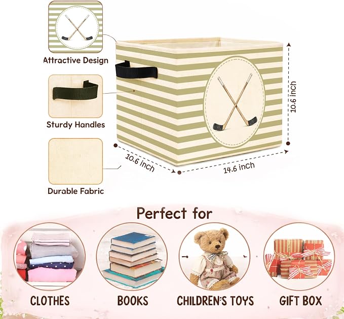 Hockey Stick Storage Bin, Foldable Fabric Organizer Basket | Hockey stick storage bin with green striped background, crossed stick artwork, foldable fabric and handles.