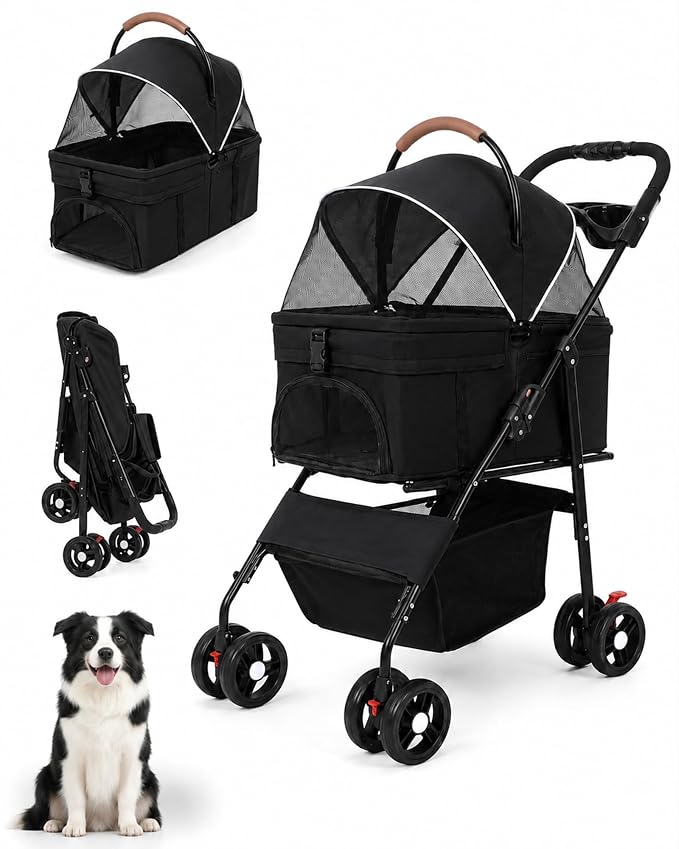 Pet Stroller, 3 in1 Foldable Dog Cat Stroller with Detachable Carrier-Black | 35lbs Lightweight Foldable Dog Stroller, All-Terrain 4 Wheels, Compact Travel Pet Stroller for Small to Medium Pets