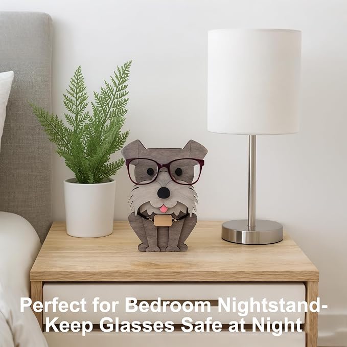 Dog Eyeglass Holder Stand, Wooden Glasses Organizer for Desk Decor | Cute animal glasses holder for eyeglasses and sunglasses, wooden dog desk organizer for nightstand, office or gifting