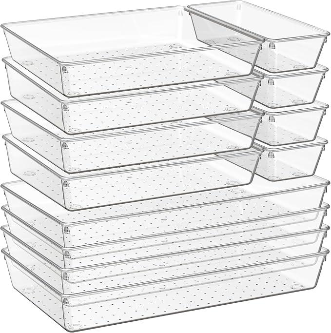 12 Pack Large Clear Plastic Drawer Organizer Trays | MULTI-USE Acrylic Drawer Storage for Kitchen, Bathroom, Makeup, Office, School, Undies | College Dorm Room, Home Apartment Essentials