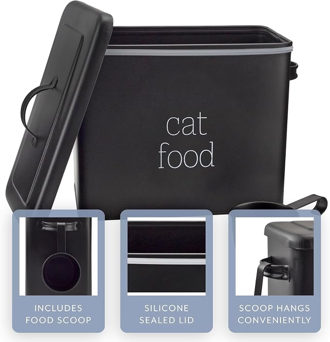 AuldHome Design Farmhouse Cat Food Container (Black) Enamel Look Rustic Cat Food Bin with Scoop