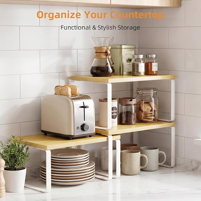 LAMU Cabinet Organizer Shelf, Set of 4 Expandable Kitchen Counter Shelve Plate Organizer for Cabiner, Stackable Spice Rack, CupBoard Organizers and Storage, Wood