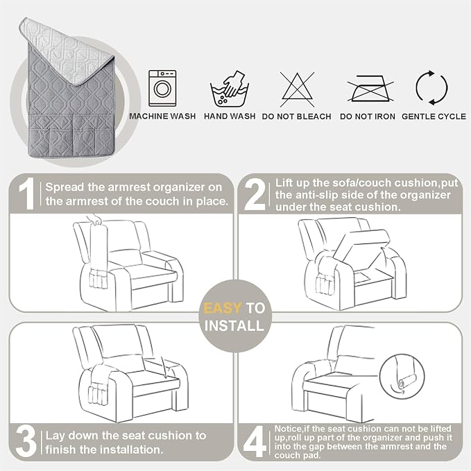 Recliner Armrest Cover with Headrest, Chair Armrest Slipcover with Side Pockets, Water-Resistant, Non Slip Furniture Protector for Pets(Light Gray,1 Seater 3PCS)
