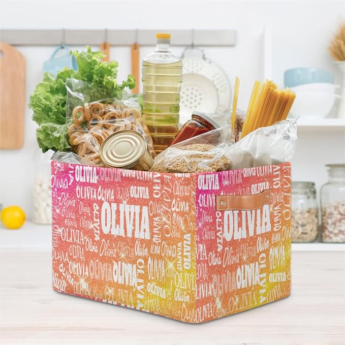 Personalized Storage Basket with Name Shiny Glitter Starry Red Orange | Organizing Boys Girls Pets Toys Closet Shelf Clothes Books