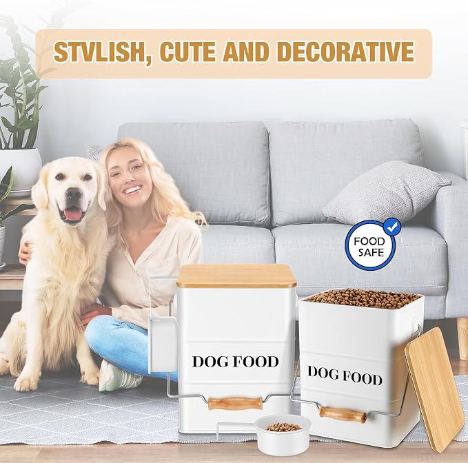 Tioncy 2 Pcs Metal Dog Food Storage Containers Total 10-14 Lbs (50 Cup) Capacity, Airtight Pet Food Canister with Bamboo Lids Scoop DIY Labels Dog Treat Storage Jars for Kitchen Counter(White)