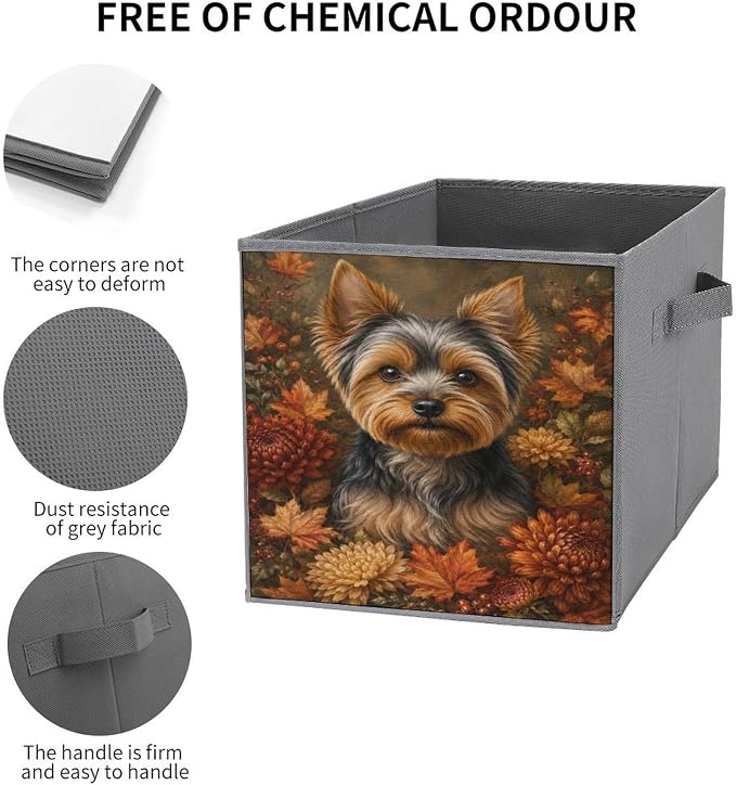 Yorkie Dog Autumn Flowers Storage Bin with Handles, Oxford Fabric Foldable Storage Cube Organizer for Clothes, Towels, Bedroom, Living Room, Home Organization
