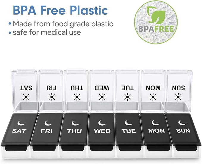 DANYING Large Pill Organizer 2 Times a Day, Weekly Pill Box 2 Per Day, AM PM Pill Case, Day Night Pills Container 7 Day, Vitamin Case Twice a Day, Black & White