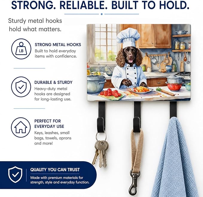 Caroline's Treasures American Water Spaniel The Chef Leash or Key Holder Wall Hooks, Key Hooks Holder, Coat Rack Wall Mount, Coat Hooks, Hooks for Hanging Keys, Towels, Aprons, Leashes | American Water Spaniel The Chef artwork on ceramic tile with thre...