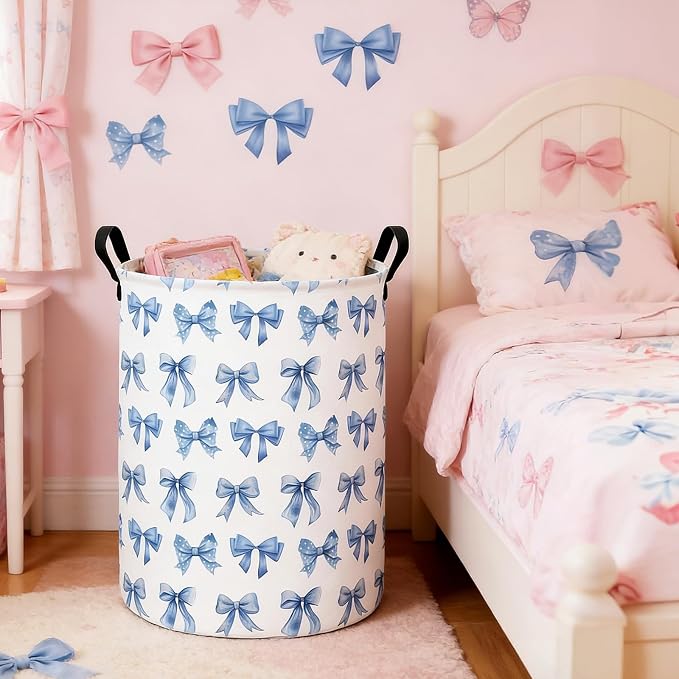 Bowknot Storage Bin Foldable Nursery Organizer Basket | Foldable with Waterproof PE Coating Organizer Bin for Kids Boys and Girls,Office,Bedroom,Clothes