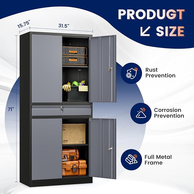 Metal Garage Storage Cabinet with Locking Doors and Adjustable Shelves, 71" Steel Tool Storage Cabinet with 1 Drawer for Garage,Office,Warehouse (Gray Black)