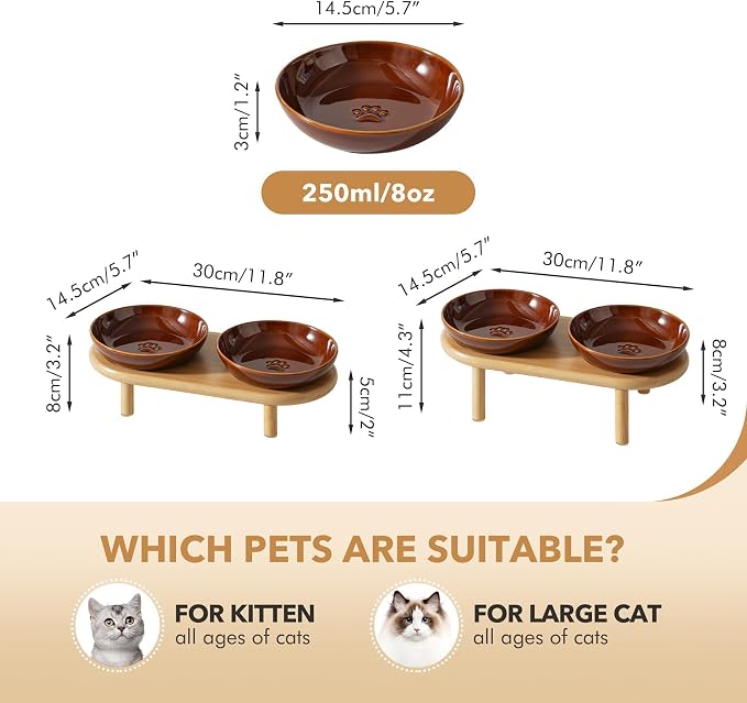Havniva Elevated Cat Bowls, Ceramic Cat Bowl with Bamboo Stand Wide Opening | 5.7” Raised Cat Food Bowls, Whisker Friendly Cat Dish, Anti-Slip Cat Water Bowls, Shallow Cat Bowls, Cat Food & Water Bowl