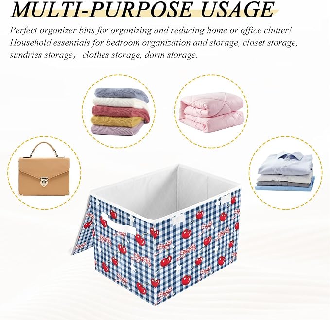 Cherry Gingham Fabric Storage Bins with Lid Foldable Storage Boxes Baskets | Decorative Storage Boxes, Foldable & Stackable, Dust-Proof Flip Top, Reinforced Handles, For Home & Dorm, Clothes & Toy Box