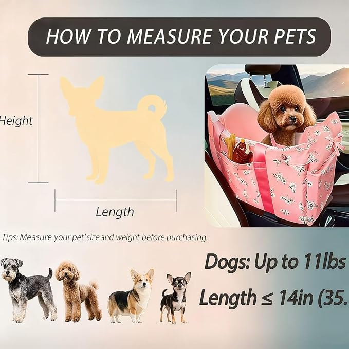 Console Dog Car Seat for Small Dogs Up to 11 Lbs, Pink Daisy | Portable Armrest Booster With Soft Cushion Safety Belt