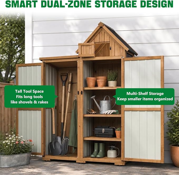 Ketive Outdoor Storage Cabinet, 67" Wooden Garden Tool Storage Shed | Shelves, Metal Panels, Top Storage Compartment, Asphalt Roof, Ground Anchors for Patio, Backyard, Garden Tools