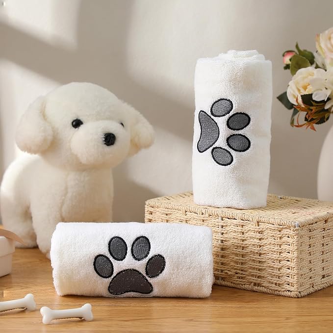 SmoothNovelty 2 Pcs Dog Paw Hand Towels Beige Bathroom Decor 13 x 29 Inch 100% Cotton Embroidered Soft Hand Towels Absorbent Farmhouse for Kitchen Restroom