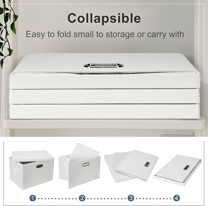 Storage Bins with Lids Fabric Closet Organizers Cubes Office Organization | 36 Quart 3 Pack White Collapsible Stackable Linen Fabric 4 Handles Bedroom Closet Cabinet Under Bed Clothes Toy Office File