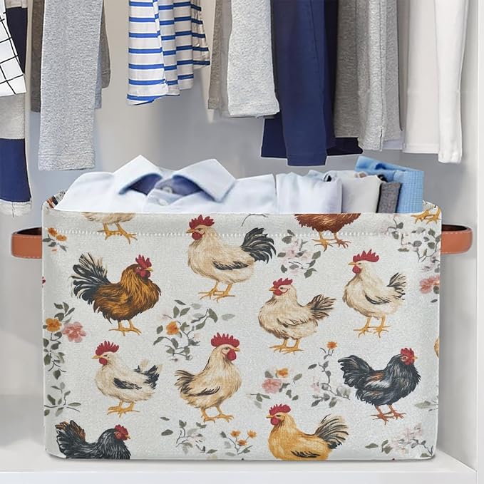 Chicken And Chicks Rectangular Storage Bin Collapsible Storage Basket Organizer Boxes with Leather Handle Storage Cube for Shelves Toy Laundry Nursery 1 PC