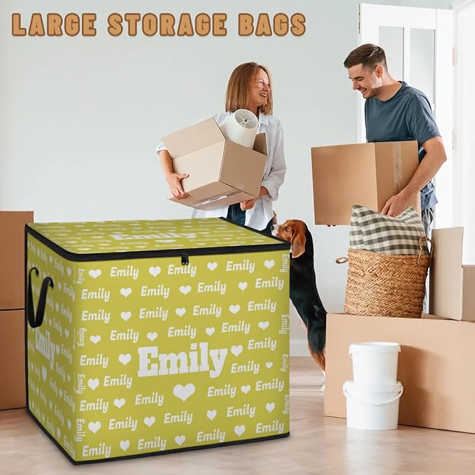 Personalized Name Foldable Storage Basket Cubes with Lid, Laundry Hamper Dirty Clothes Pet Toys Storage Bin with Handles for Shelf Home Closet Kitchen, Lime Yellow Background with Love Hearts