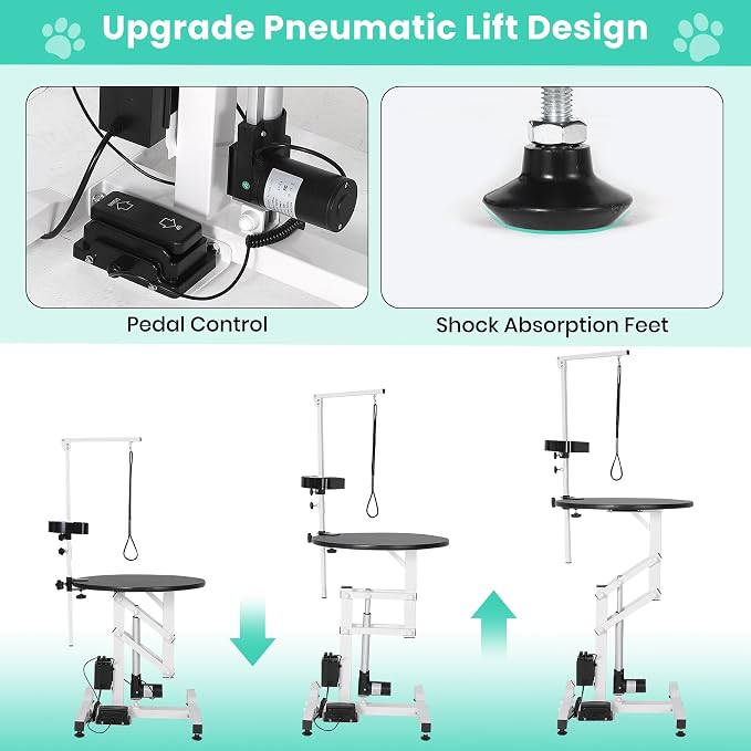 Professional 24 Inch Electric Dog Grooming Table - 360° Rotating Non-Slip Tabletop with Adjustable Overhead Arm & Foot Remote, 250lbs Weight Capacity, Integrated Tool Organizer for Salon & Home Use