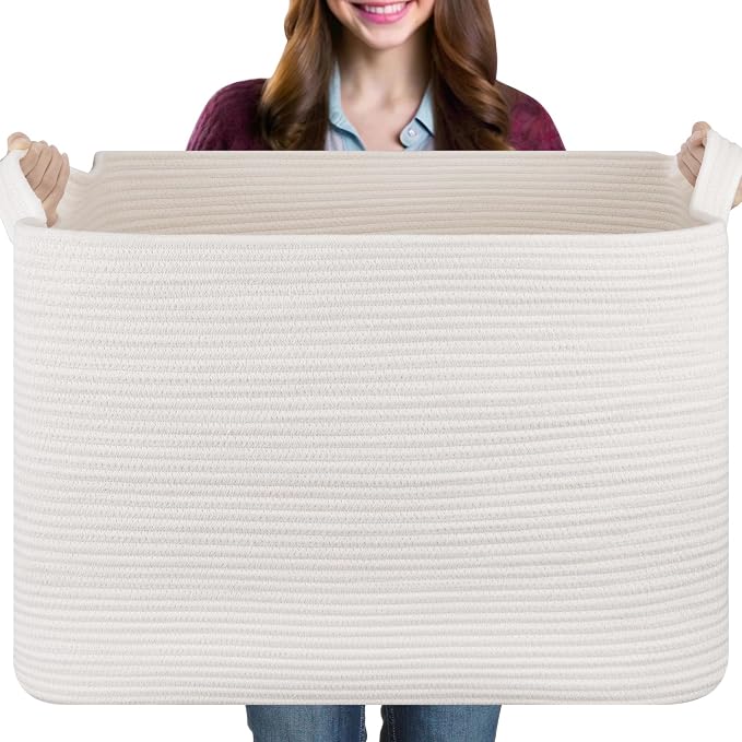OIASKET 108L Extra Large Blanket Basket Living Room, 24.8" x 16.2" x 16.2" | Rectangle Woven Laundry Hamper, Nursery Blanket Storage Living Room, Toy Storage With Handle, Large Baskets for Organizing