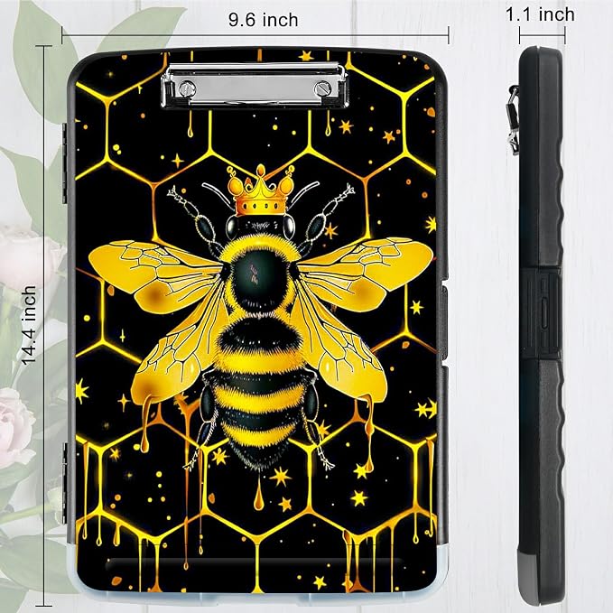 Bee Black Background A4 Clipboard with Storage Pen Holder, Clipboards Organizer Nursing Clipboard Foldable File Folder Plastic Clipboard Folio Clip Board for Office Students Classroom