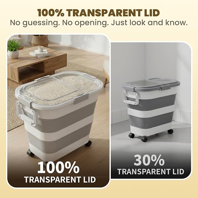HOYTAMDA 25-35Lbs Rice Container,Collapsible Food Storage Container Wheels | Rice Storage Container with Transparent Airtight Lid,Handle,Small Bin&Scoop,Rice Dispenser for Flour Sugar Grain Dog Cat