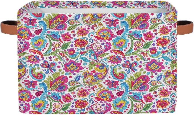 AUUXVA Storage Basket Colorful Paisley Flower Floral Storage Cube Box Durable Canvas Collapsible Toy Basket Organizer Bin with Handles for Shelf Closet Bedroom Home Office