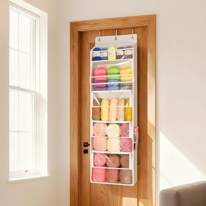 Yecaye Hanging Yarn Storage Organizer with 5 Zippered Closure Compartments, Heavy Duty Stuffed Animal Storage with Clear PVC, Dustproof Yarn Holder for Crocheting Storage, Ivory 5 Tier