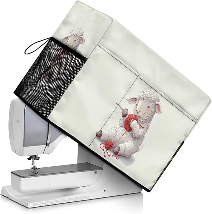 Cute Knitting - Sheep Sewing Machine Cover,Protective Cover with Side Handle and Sewing Essentials Pockets,Dust & Pet Hair Protection,Fits Standard Singer & Brother Machine(Off-White)