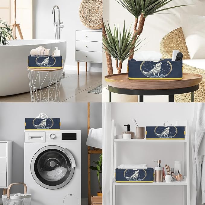 Wolf Stars Moon Bathroom Storage Basket, Foldable with Handle Open Countertop Paper Towel Decorative Box, Toilet Tank Top Shelf Baskets for Home Closet Bedroom Living Room Office