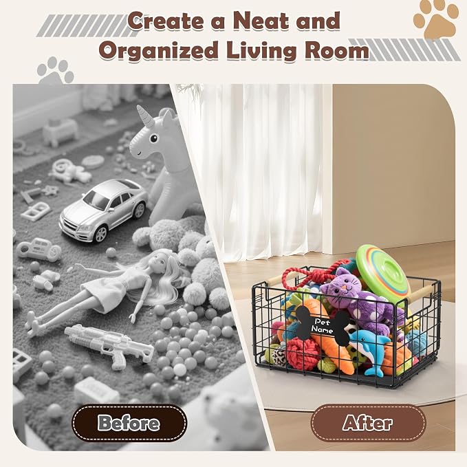 Dog Toy Basket, Foldable Metal Dog Toy Bin 15''×10.63''×8.27'' | Chew-Proof Basket with Handles, Pet Stuff Storage Organizer Box, Marker Pen, Portable Puppy Toys Basket for Living Room