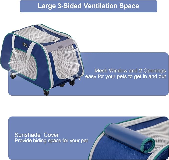 A 4 Pet Foldable Dog Carrier on Wheels, Up to 33 lbs, Navy Blue | Removable base, extendable handle, 4-wheel design, mesh ventilation, safety rope