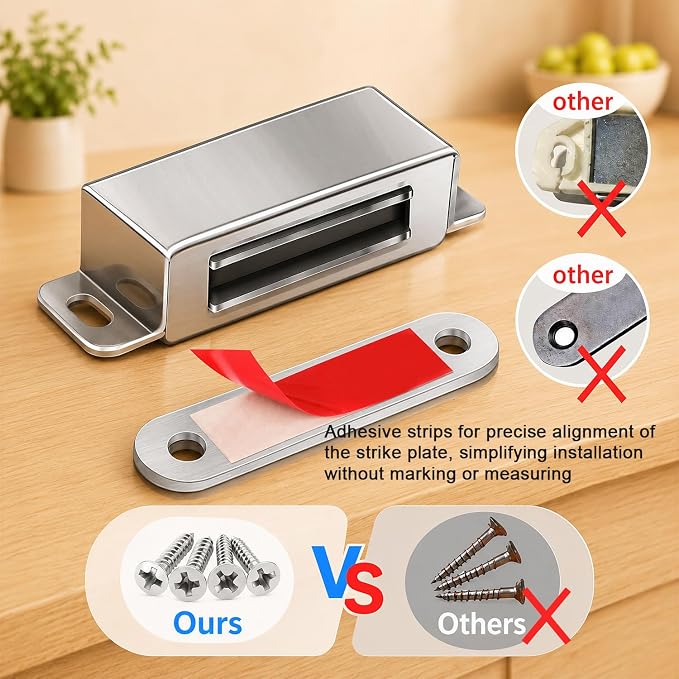 Strong Cabinet Magnets for Closure 40 lbs 4 Pack - Hold Warped Doors Tight | Magnetic Door Catches/Latches Stainless Steel for Cupboard Closet Drawer Window - No Measure or Mark Install in 5 Mins