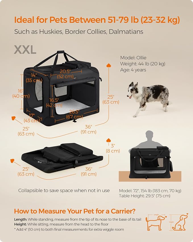 Feandrea Collapsible Soft Dog Crate, Portable Travel, 36 Inches | Dog Carrier Kennel with Safety Zippers for Living Room, Car, Travelling, Black UPDC90H