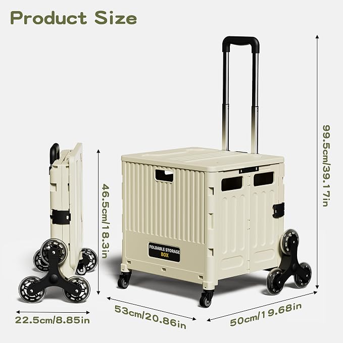 Rolling Crate, Collapsible Rolling Cart, Ultra-Slim Rolling Collapsible Storage Utility-carts, with Telescopic Handle, for Home, Garden, Shopping, Office, School use-Cream