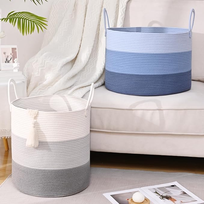 67L Large Woven Blanket Basket, Cotton Rope Baby Laundry Hamper with Handles, Kids Toy Basket for Classroom & Nursery, Soft Round Stuffed Animal Storage, Dog Toy Bin - 20"x13", Blue
