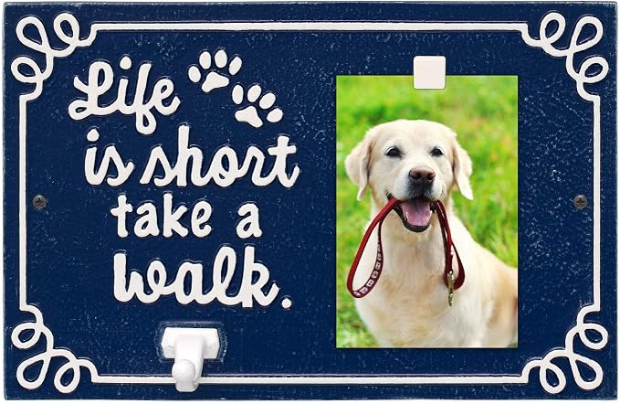 Whitehall Pet Photo Plaque Leash Hook - Cast Aluminum Life is Short Take a Walk Keepsake Animal Paw Print Wall Sign and Leash Holder with Picture Clip - Blue/White