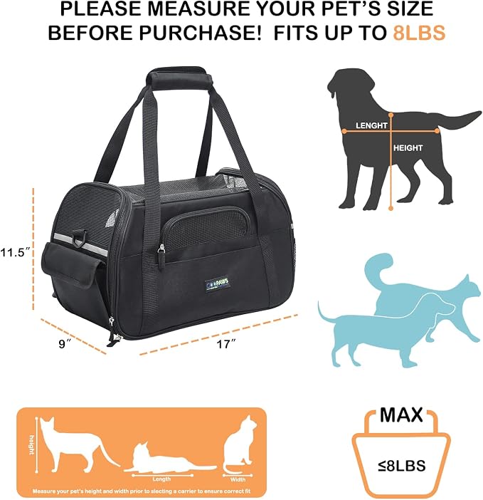 Jespet Airline Approved Soft-Sided Kennel Pet Carrier Travel Handbag | Lightweight, Foldable, Portable, Built-In Safety Leash, Luggage Sleeve, for Cats & Small Dogs, for Indoor & Outdoor