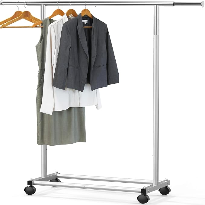 Simple Houseware Standard Rod Garment Clothing Rack, Silver | Single Rail, Extendable Width from 30 to 47 Inches, Rolling Clothing Organizer for Bedroom, Laundry, Living Room