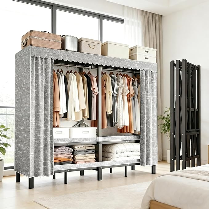 59.1in Heavy Duty Portable Closet, Foldable Wardrobe Closet with Cover, Metal Clothing Shelves for Clothes Organizers and Storage, for Bedrooms, Apartments, Rental Properties (Grey, 59.1in)