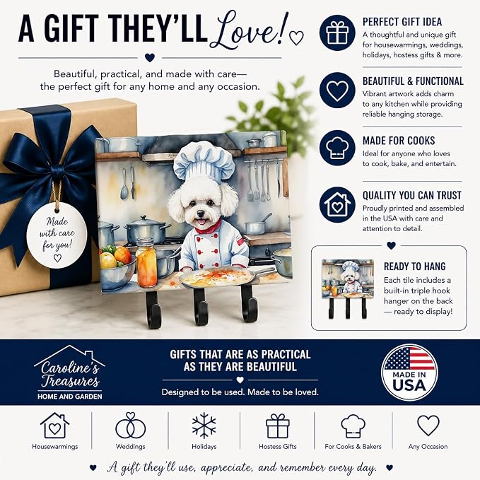 Caroline's Treasures Bichon Frise The Chef Leash or Key Holder Wall Hooks, Key Hooks Holder, Coat Rack Wall Mount, Coat Hooks, Hooks for Hanging Keys, Towels, Aprons, Leashes | Bichon Frise The Chef artwork on ceramic tile with three steel hooks for ke...