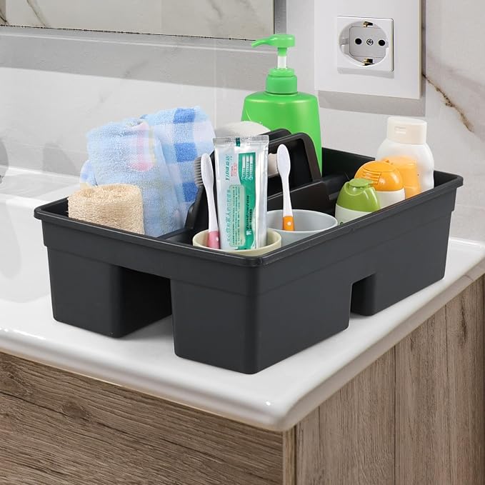 Set of 6 Plastic 3 Compartments Cleaning Supplies Caddy with Handle | Commercial Cleaning Caddy Organizer, Portable Plastic Tote Organizer for Shower, Bathroom, Kitchen