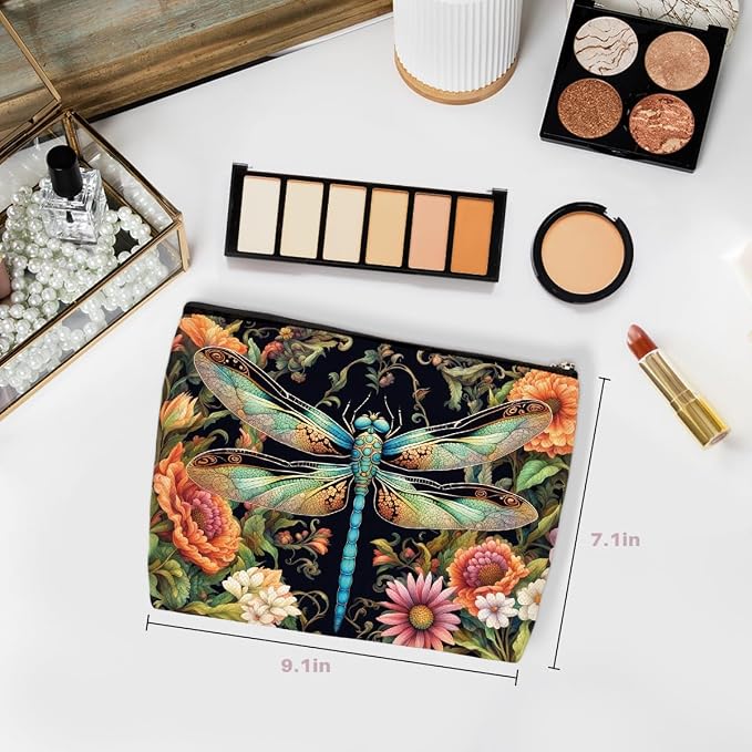 Dragonfly Flower Print Women Makeup Bag, Dragonflies Gifts Cosmetic Bags | Travel Organizer Bag Makeup Pouch, Sister Birthday Christmas Gift for Mom Friend, Dragonfly Gifts for Women