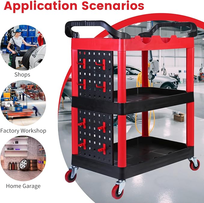 MaxWorks 50886 3 Shelf Rolling Utility Service Cart with Storage Carts and Bottle Holders with Side Hanging Hook 440-lb Capacity