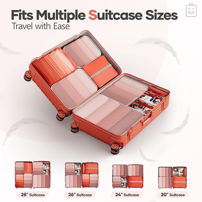 Veken 9/11 Set Compression Packing Cubes Garment Bags for Travel Essentials,Compressible Expandable Luggage Organizer Bags for Clothing,Space Saver Bags with Over 1000 pcs of Mesh Holes(Orange)