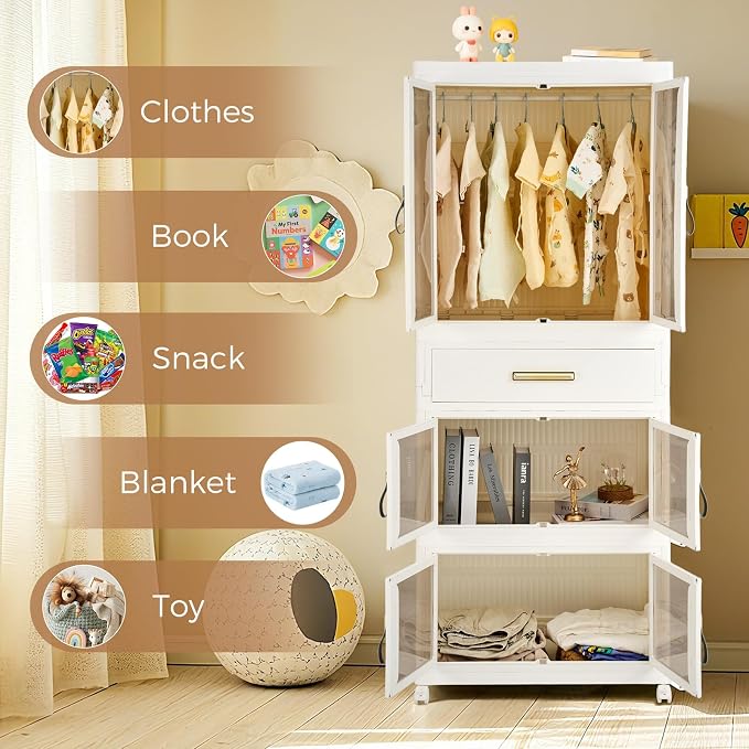 Portable Storage Closet Cabinet, Easy Assembly Wardrobe Organizer with Visualization Doors, Drawers, Hanging Rods, Rolling Wheels for Pet Dog Clothes, Toys