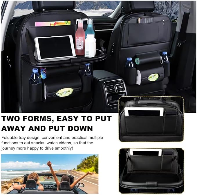 Premium PU Leather Backseat Seat Organizer with Foldable Table, Multi-Storage Pockets and Adjustable Buckle Strap for Automobiles