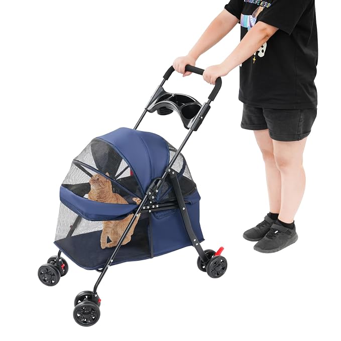 Foldable Pet Stroller with Mesh Windows, 40lbs Capacity Pet Carrier Cart with Locking Wheels, Breathable Cat & Dog Stroller for Small Animals, Foldable Pet Travel Cart for Outdoor (Navy Blue)