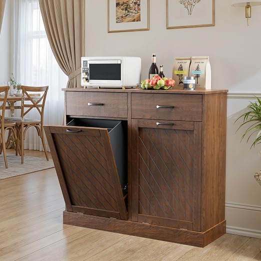 njnj 26 Gallons Double Tilt Out Trash Can Cabinet, 2x13 Gallons Hidden Kitchen Trash Cabinet with Storage Drawers, Pet Proof Hidden Garbage Can for Kitchen, Laundry Room, Bathroom Wood Brown